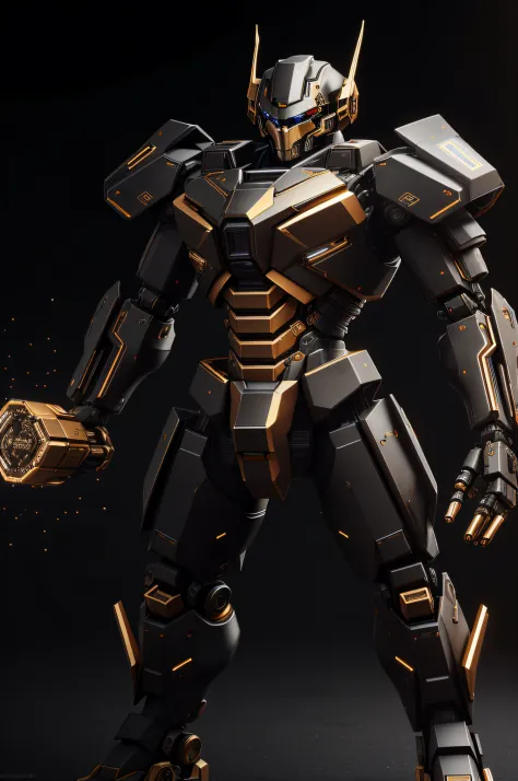 （tmasterpiece，best qualtiy，high high quality，A high resolution），Future mechanical warrior，Heavy weapons，mechs，full bodyesbian，C4D，3D，Gold and black-tone，computer chip，ultra-high definition texture details，special effect，kosmos，intergalactic