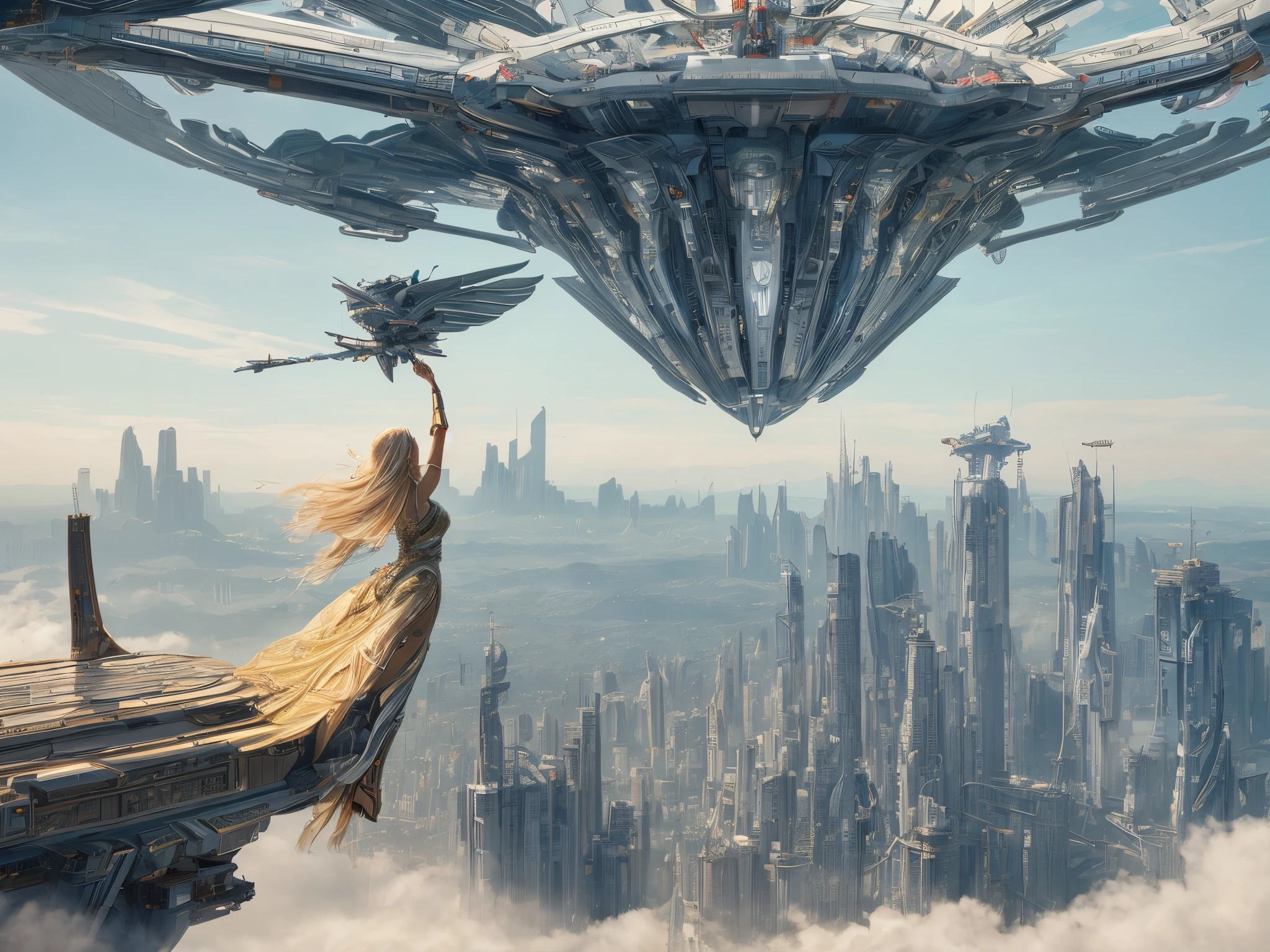 visually breathtaking masterpiece of the highest quality, featuring a blonde girl adorned in a hadesarmor complete with elegant metal wings, soaring gracefully above a dazzling cityscape. Pay meticulous attention to detail, infusing every element of the scene with awe-inspiring beauty and realism. Capture the essence of a stunning and highly detailed futuristic world as this remarkable girl takes flight, creating an image that leaves a lasting impression