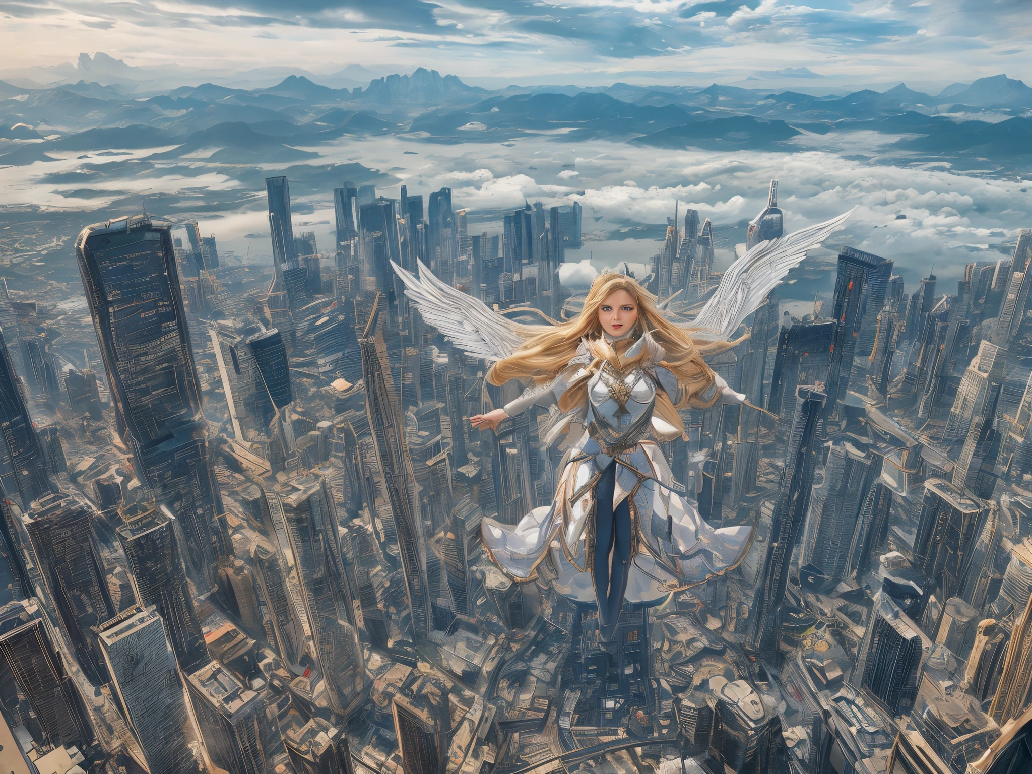 visually breathtaking masterpiece of the highest quality, featuring a blonde girl adorned in a hadesarmor complete with elegant metal wings, soaring gracefully above a dazzling cityscape. Pay meticulous attention to detail, infusing every element of the scene with awe-inspiring beauty and realism. Capture the essence of a stunning and highly detailed futuristic world as this remarkable girl takes flight, creating an image that leaves a lasting impression