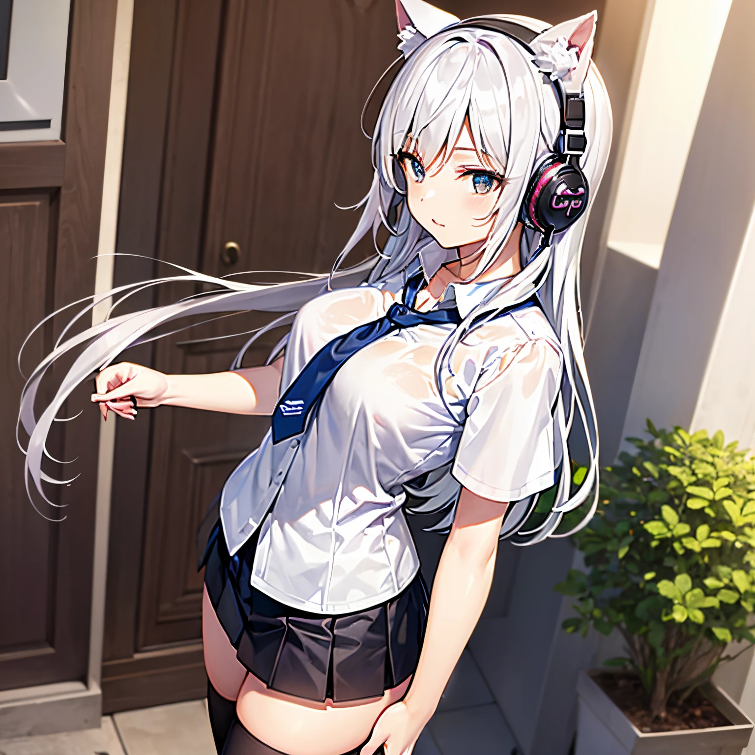 "anime girl, 1 person, silver white hair tied on both sides, light pink purple eyes, wearing cat ear headphones, female shirt, female , tie, black miniskirt, big breasts, smiling, tights,  standing cross-legged, side view,solo (full HD 4K+ image)"