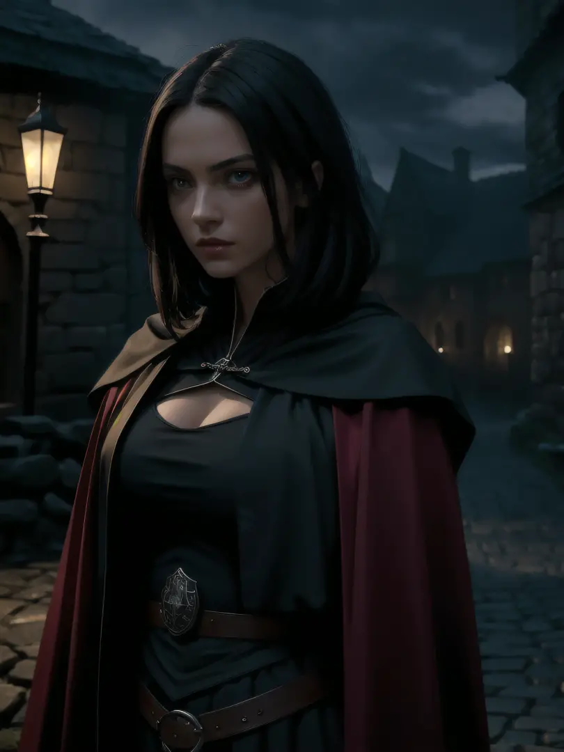 ultra-realistic portrait of a woman, beautiful, assassin, black short straight hair, red eye, a black assassin's robe with a her...