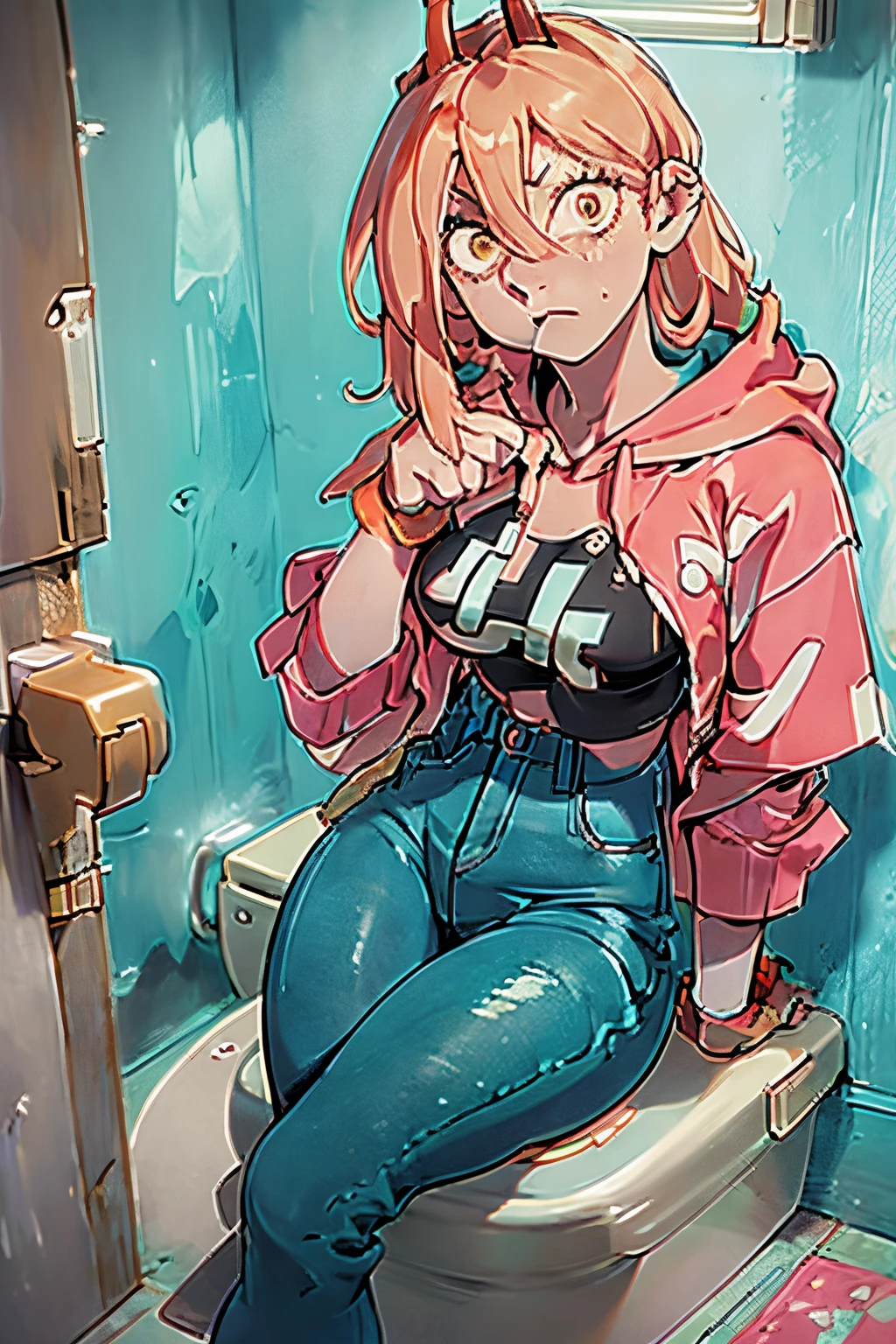 Anime girl sitting on a toilet in a bathroom with a pink hoodie - SeaArt AI