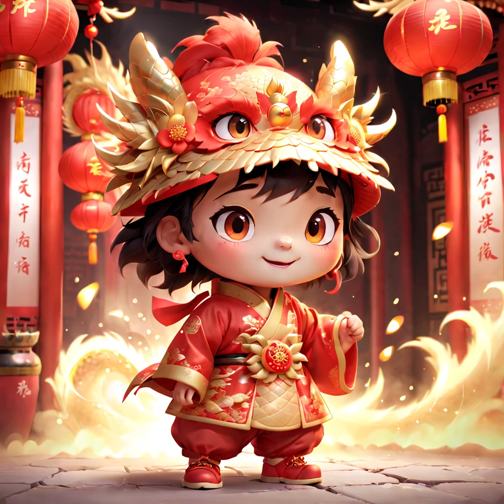 Game character design，3D character rendering，(((Vector illustration style)))，(1 cute little boy，Wearing traditional red hat，Wearing Chinese red clothes，The clothes are painted with golden dragons、Phoenix and other patterns，Highlighting the theme of 2024 as the Year of the Dragon in the Chinese Lunar Calendar)。（The eyes are big，Two small dimples are revealed when blinking，Smile and open your mouth to show your neat teeth，Hand holding red envelope，Big red envelope，The action of sending blessings or receiving lucky money）。（Thick bouncy black curly hair，Wearing a small red flower on the head）。（Red hat with gold trim and embroidery，The clothes have detailed designs such as buttons and embroidery), (((The stands up，Chinese Xiangyun cloth shoes: 1.6, Glowing lines or orange LED light effect))), (Full body shot: 1.5), ((Chinese element background，Auspicious cloud background)), (pov, first-person view, Ghibli-like colours, Luminism, cinematic lighting, UHD, masterpiece, ccurate, anatomically correct, textured skin, super detail, high details, high quality, award winning, best quality, 16k), Pop Mart blind box, 3Drenderingof