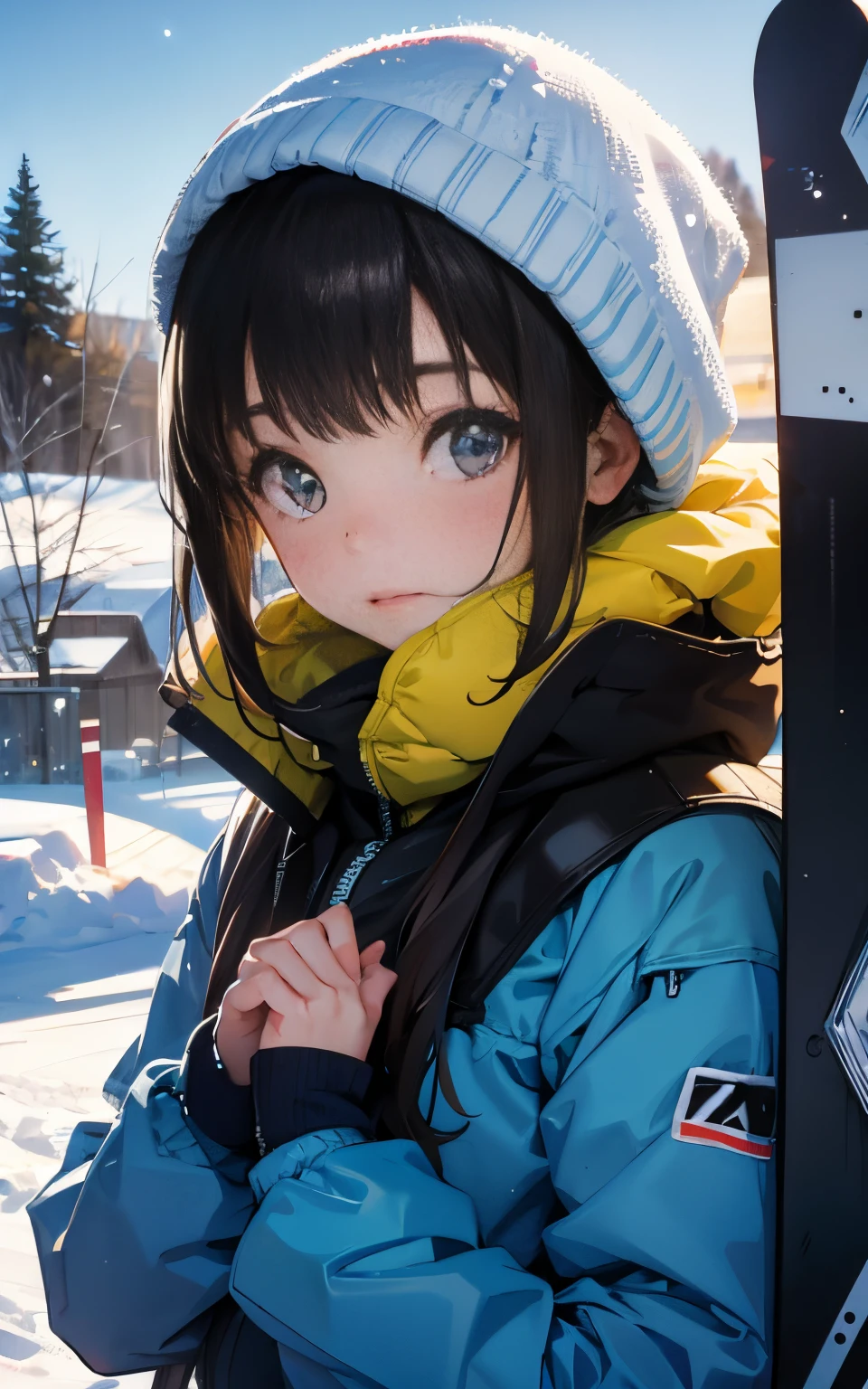 Girl enjoying snowboarding at the ski resort:1.5、realistic sliding、burton snowboard、snowboarder girl、burton clothing、snowy day、Gentle sunshine