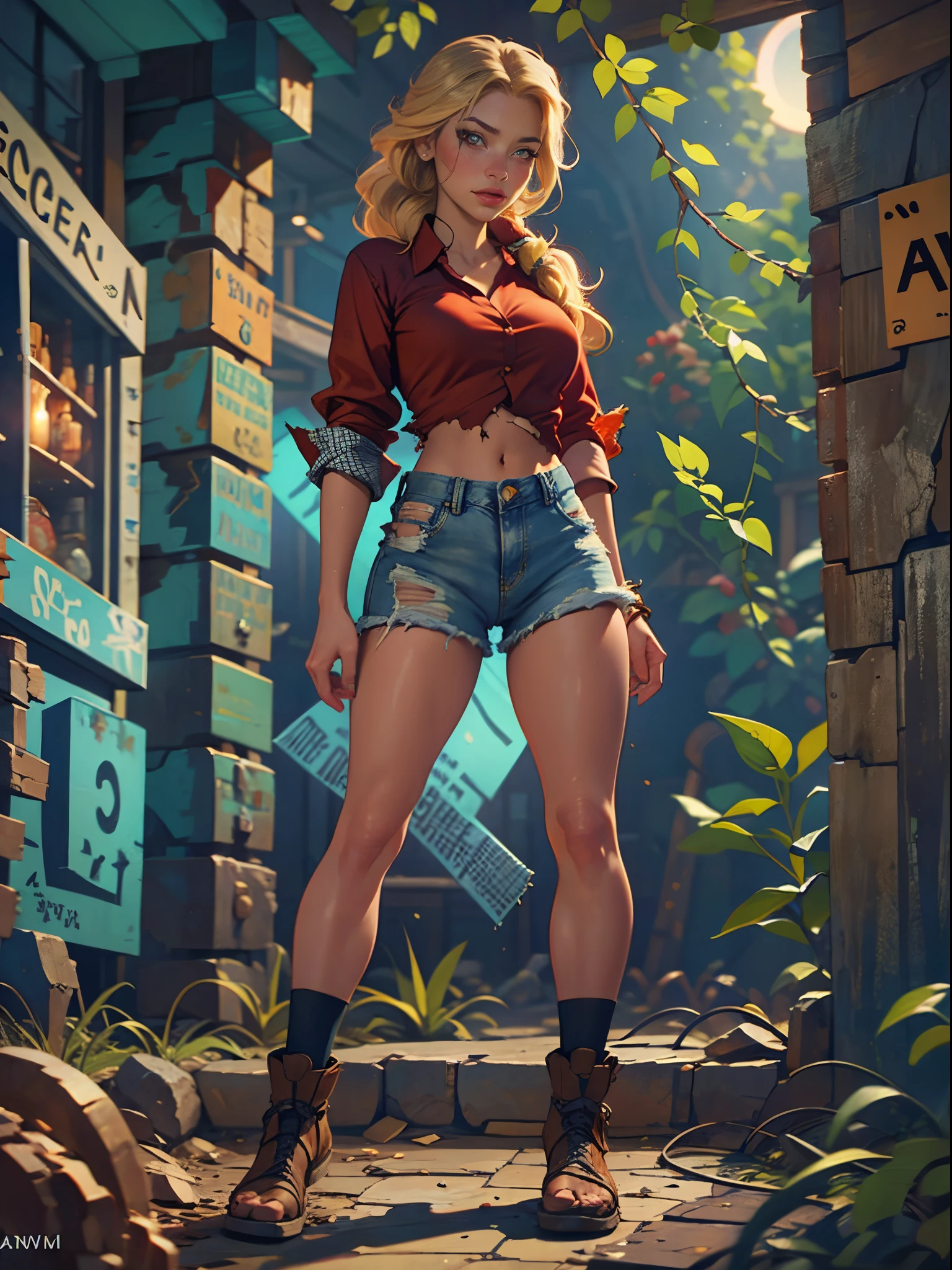 2076 year. The Urban Ruins of the Wasteland, Female huntress picking fruit in the garden, beautiful face, blonde, very torn shirt and denim shorts, shirt in tatters ,  long legs, sweating through, sun rising, Nice warm colors, head to toe full body shot