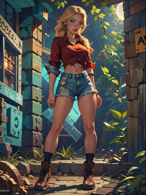 2076 year. The Urban Ruins of the Wasteland, Female huntress picking fruit in the garden, beautiful face, blonde, very torn shir...