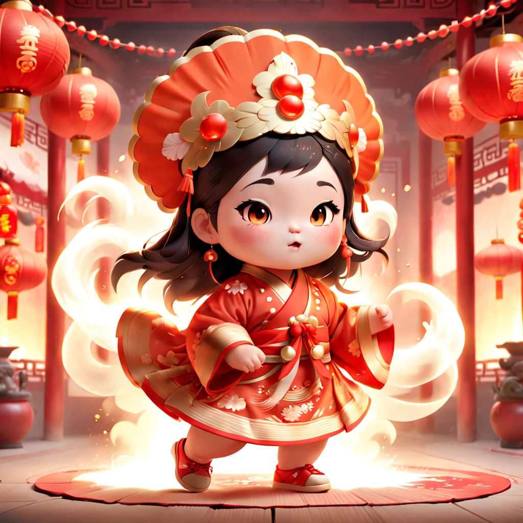 Game character design，3D character rendering，(((Vector illustration style)))，(1 chubby child，Wearing traditional Chinese New Year red costume，Wearing an auspicious gemstone headdress), (Fuwa&#39;s facial expression is cute and enthusiastic，The eyes are shining，The corners of the mouth are raised), (Fuwa holds a bunch of firecrackers), (Fuwa’s hair has two cute little braids，You can tie a red ribbon on the braid), (((The stands up，Chinese Xiangyun cloth shoes: 1.6, Glowing lines or orange LED light effect))), (Full body shot: 1.5), ((Chinese element background，Auspicious cloud background)), (pov, first-person view, Ghibli-like colours, Luminism, cinematic lighting, UHD, masterpiece, ccurate, anatomically correct, textured skin, super detail, high details, high quality, award winning, best quality, 16k), Pop Mart blind box, 3Drenderingof