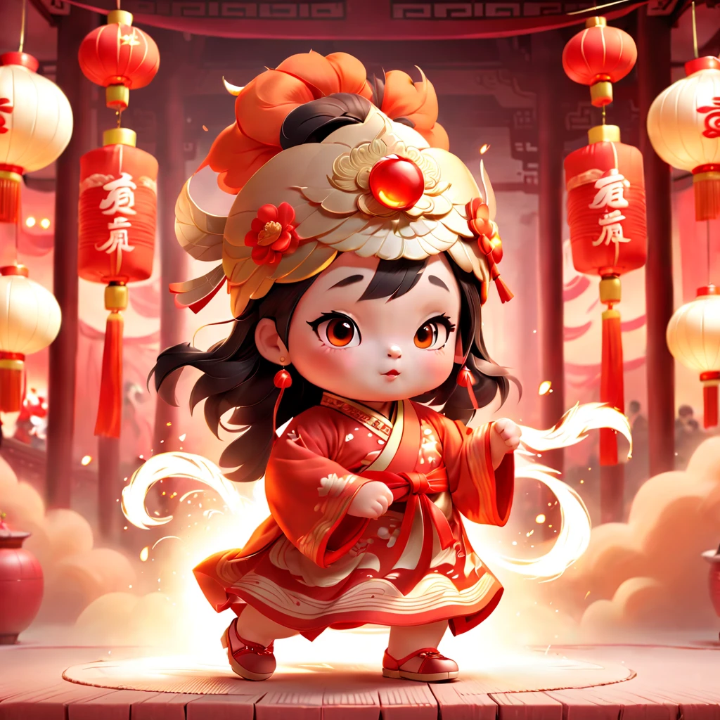 Game character design，3D character rendering，(((Vector illustration style)))，(1 chubby child，Wearing traditional Chinese New Year red costume，Wearing an auspicious gemstone headdress), (Fuwa&#39;s facial expression is cute and enthusiastic，The eyes are shining，The corners of the mouth are raised), (Fuwa holds a bunch of firecrackers), (Fuwa’s hair has two cute little braids，You can tie a red ribbon on the braid), (((The stands up，Chinese Xiangyun cloth shoes: 1.6, Glowing lines or orange LED light effect))), (Full body shot: 1.5), ((Chinese element background，Auspicious cloud background)), (pov, first-person view, Ghibli-like colours, Luminism, cinematic lighting, UHD, masterpiece, ccurate, anatomically correct, textured skin, super detail, high details, high quality, award winning, best quality, 16k), Pop Mart blind box, 3Drenderingof