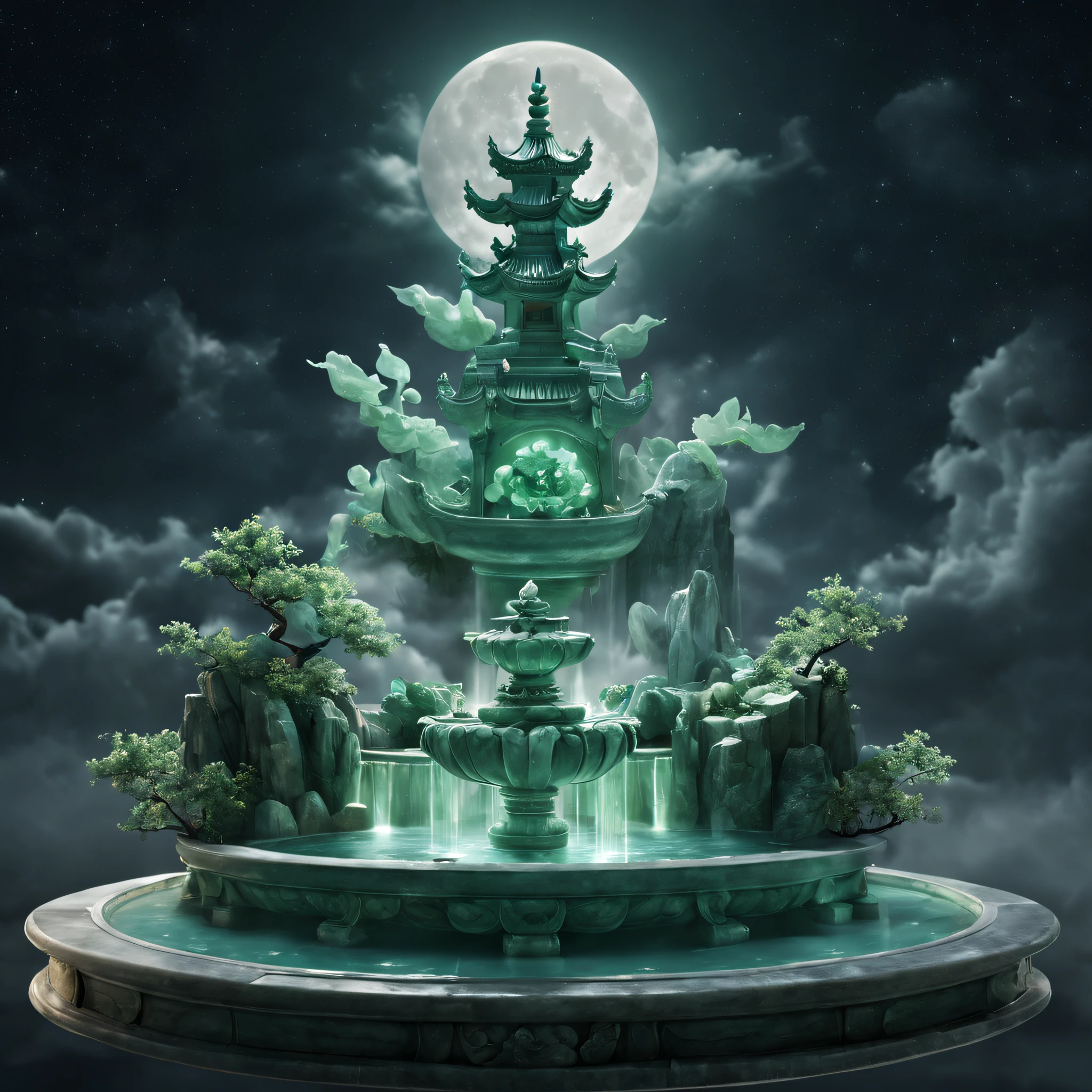 Stunning jade fountain.deep in the night，moon full, cloud .(best quality,4k,8k,highres,masterpiece:1.2),ultra-detailed,(realistic,photorealistic,photo-realistic:1.37)。