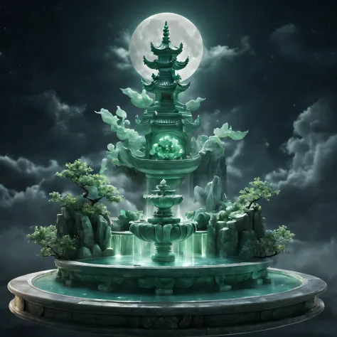 Stunning jade fountain.deep in the night，moon full, cloud .(best quality,4k,8k,highres,masterpiece:1.2),ultra-detailed,(realisti...