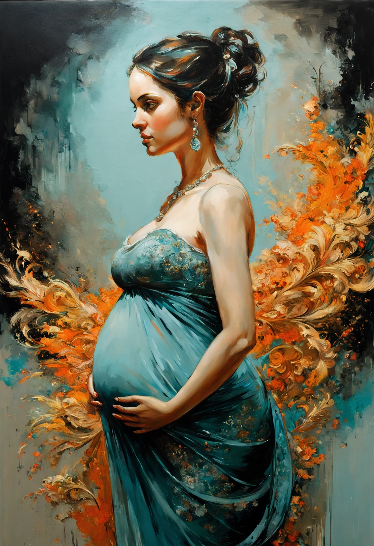 retrato de uma mulher grávida, esplêndido, Altamente detalhado, 8K, ornamentado, intricado, cinematic, desembaçado, atmosférico, (pintura a óleo:0.75), (arte inicial:0.75),(cerceta:0.2),(laranja:0.2), (por Jeremy Mann:0.5), (por John Constable:0.1),(por El Greco:0.5),(tinta acrílica:0.75), (aquarela:0.15), pinceladas visíveis, algumas manchas