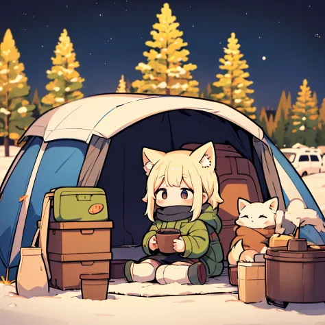 Wide illustration in a simple and muted color palette, emphasizing the chibi fox girl, inspired by 'Yuru Camp△', as she sits amo...