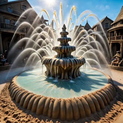 magical colorful fountain with radiant sand sculpture style，sparkling water droplets in the sun，dancing water pattern，bubbling d...