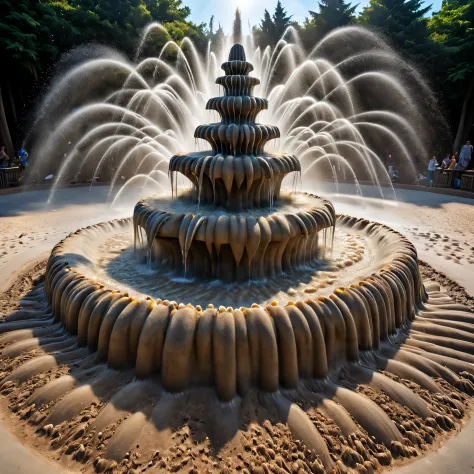 magical colorful fountain with radiant sand sculpture style，sparkling water droplets in the sun，dancing water pattern，bubbling d...