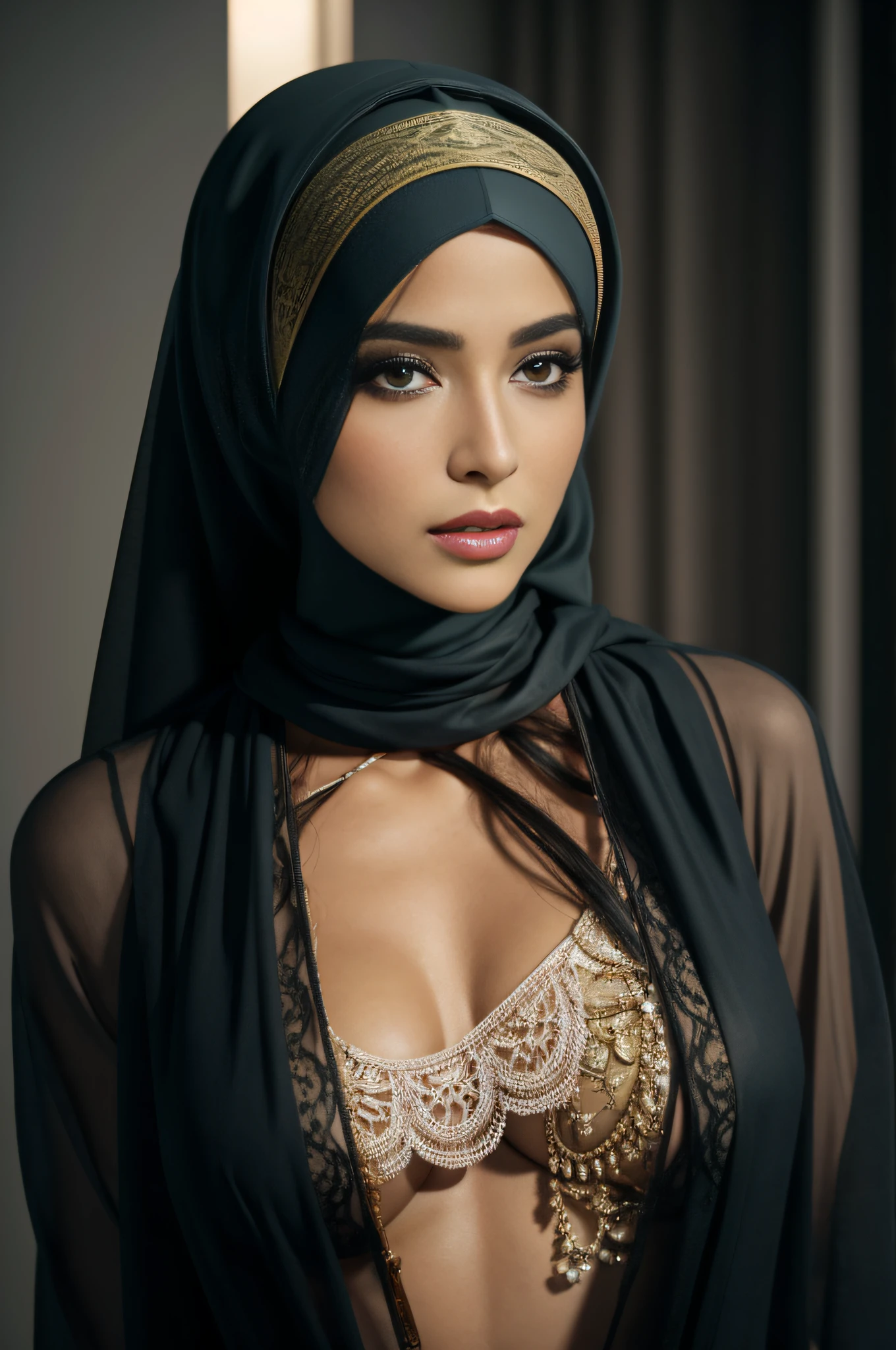 A woman in a black hijab and gold bra top - SeaArt AI