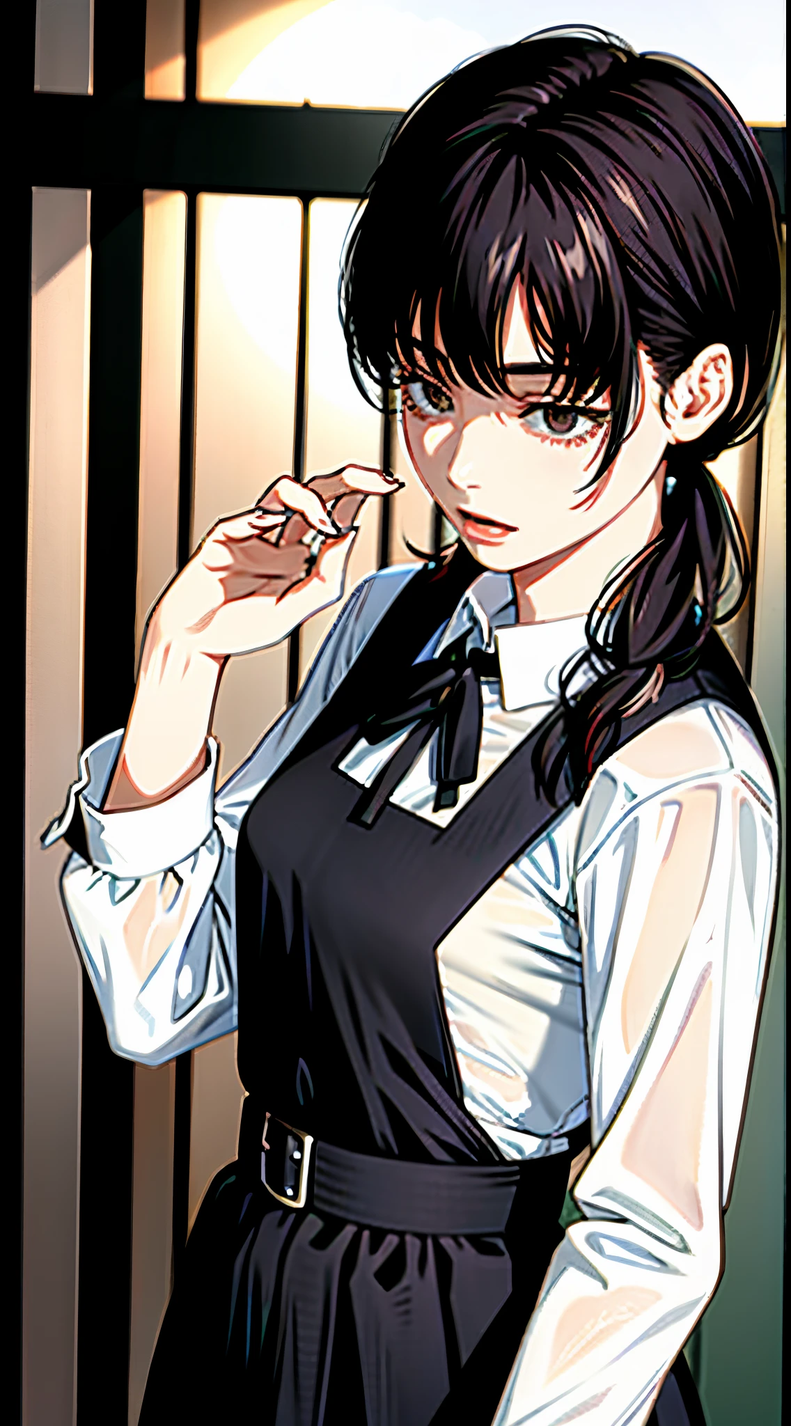 masterpiece, full body, 1girl, mitaka asa, chainsaw man, black hair, (low twintails:1.1), (Medium Hair, Black Hair), (Loose Hair, Bangs, Semi Wavy Hair), ((Twin Tails Back)), (Dark Brown Eyes, Open Eyes, Concentrated Gaze), (Standing, Mouth Closed, looking side), -, -, (Medium Bust), ((Black Pinafore and White Shirt underneath, Long Sleeves)), (Black Ribbon, Black Belt, -), (-), beautiful body, beautiful eyes, shiny eyes, shiny hair, beautiful mouth, beautiful lips, beautiful skin, beautiful teeth, perfect teeth, beautiful face, traffic light, red light, dark background