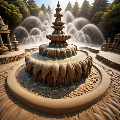 sand sculpture style colorful fountain，radiant，sparkling water droplets in the sun，dancing water pattern，bubbling display，rainbo...