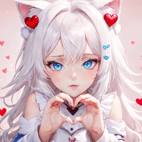 1 girl cat ears,heart shaped hands,sweetheart,eBlue eyes， long  white hair