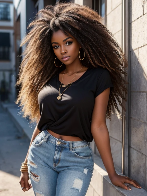 Araffe femme noire ,bouche charnue, chemisier, ripped jeans, belle belle femme, jaw dropping beauty, beautiful woman, avec afro, Beautiful and detailed body and face, Curly Afro, curly hair