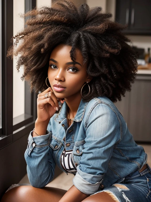 Araffe femme noire ,bouche charnue, chemisier, ripped jeans, belle belle femme, jaw dropping beauty, beautiful woman, avec afro, Beautiful and detailed body and face, Curly Afro, curly hair