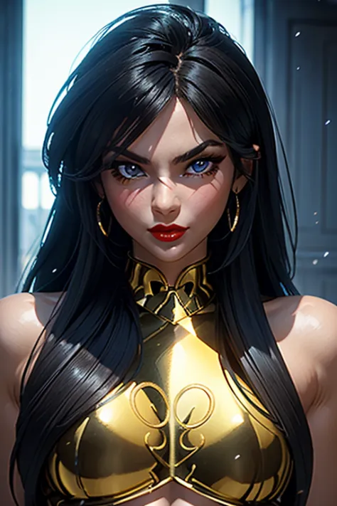 there is an adult european woman , saint seiya , aquarius gold cloth, dark hair, red lips, eye shadow, natural makeup, long curv...