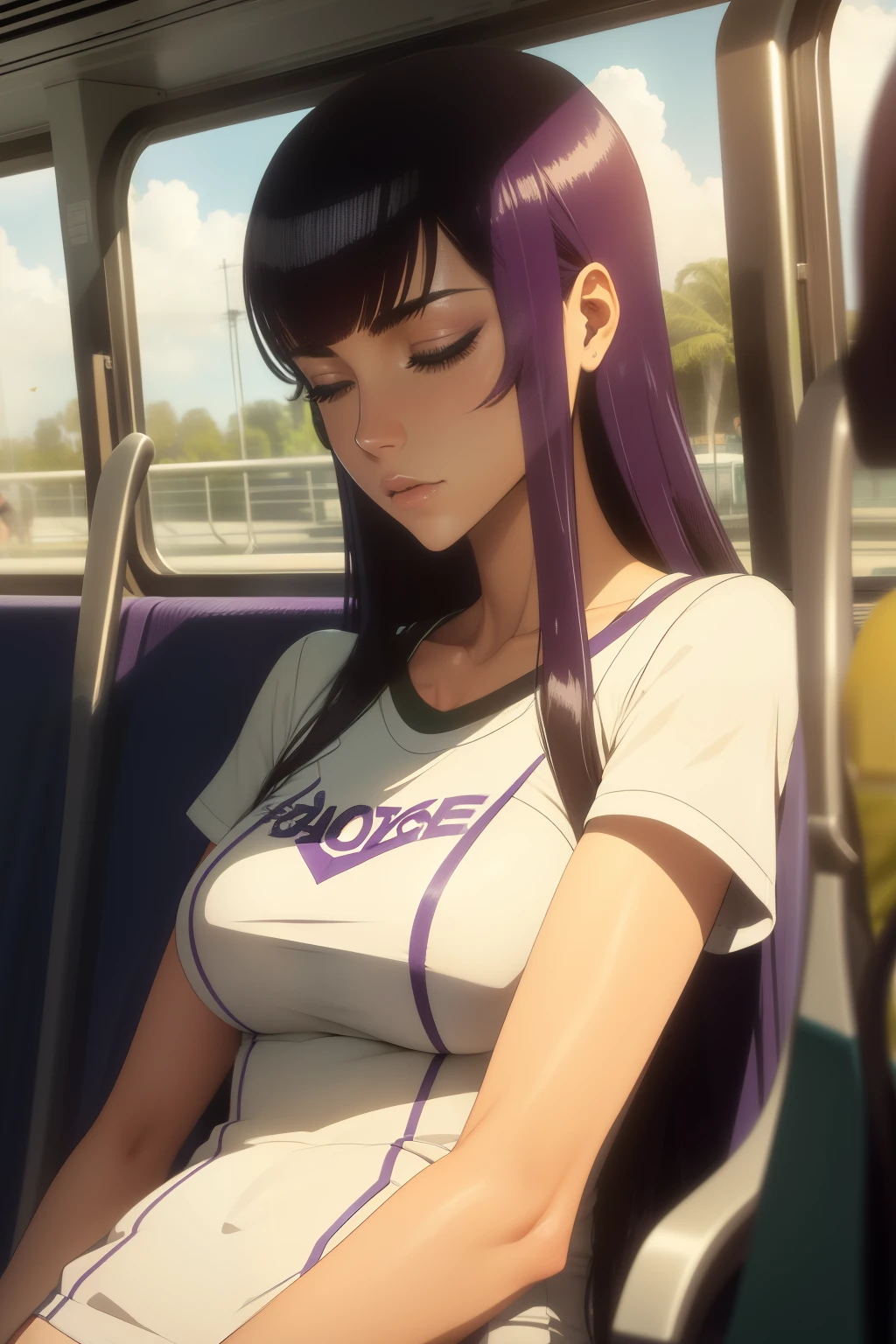 Anime girl with purple hair sitting in a bus looking at her phone - SeaArt  AI