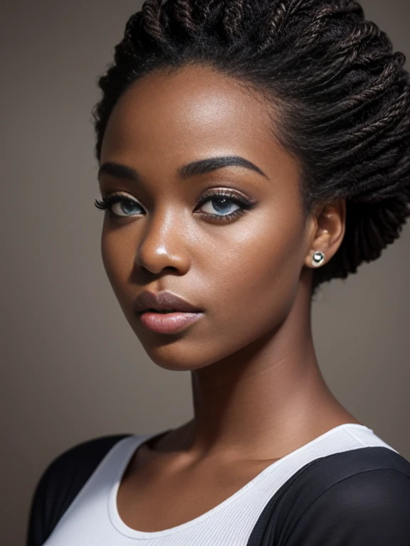 superbe fille africaine, cheveux coupe, yeux bleus, cheveux noir, cheveux courts, hyper realistic