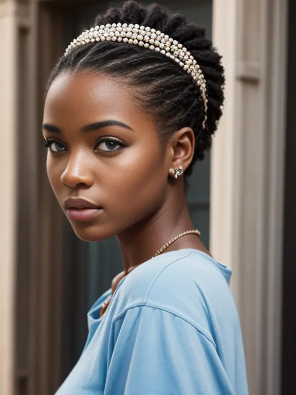 superbe fille africaine, cheveux coupe, yeux bleus, cheveux noir, cheveux courts, hyper realistic