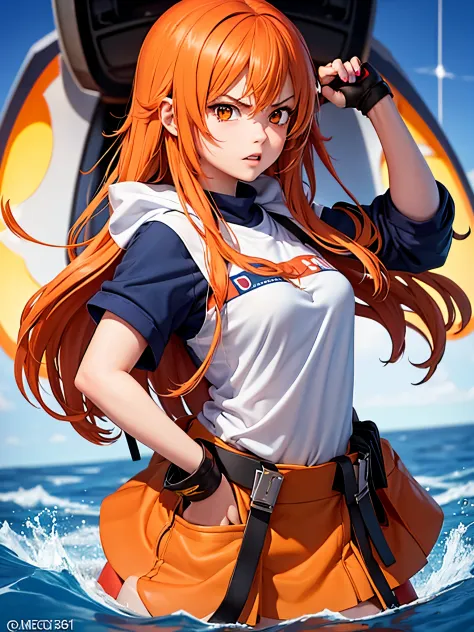 Angry cold anime 1girl long orange haired mechanic submarine