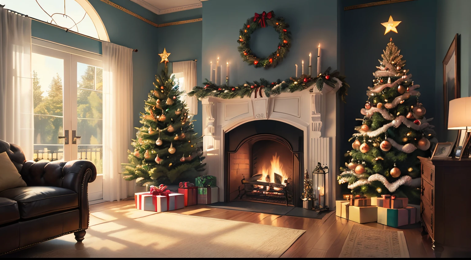 Arafed christmas tree in a living room with presents and a fireplace -  SeaArt AI