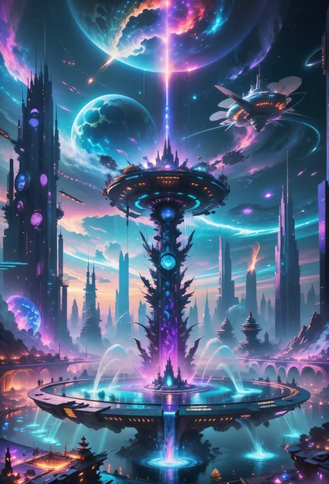 In this painting，We can see a spectacular futuristic sci-fi fountain。the fountain itself is not made of conventional materials，i...
