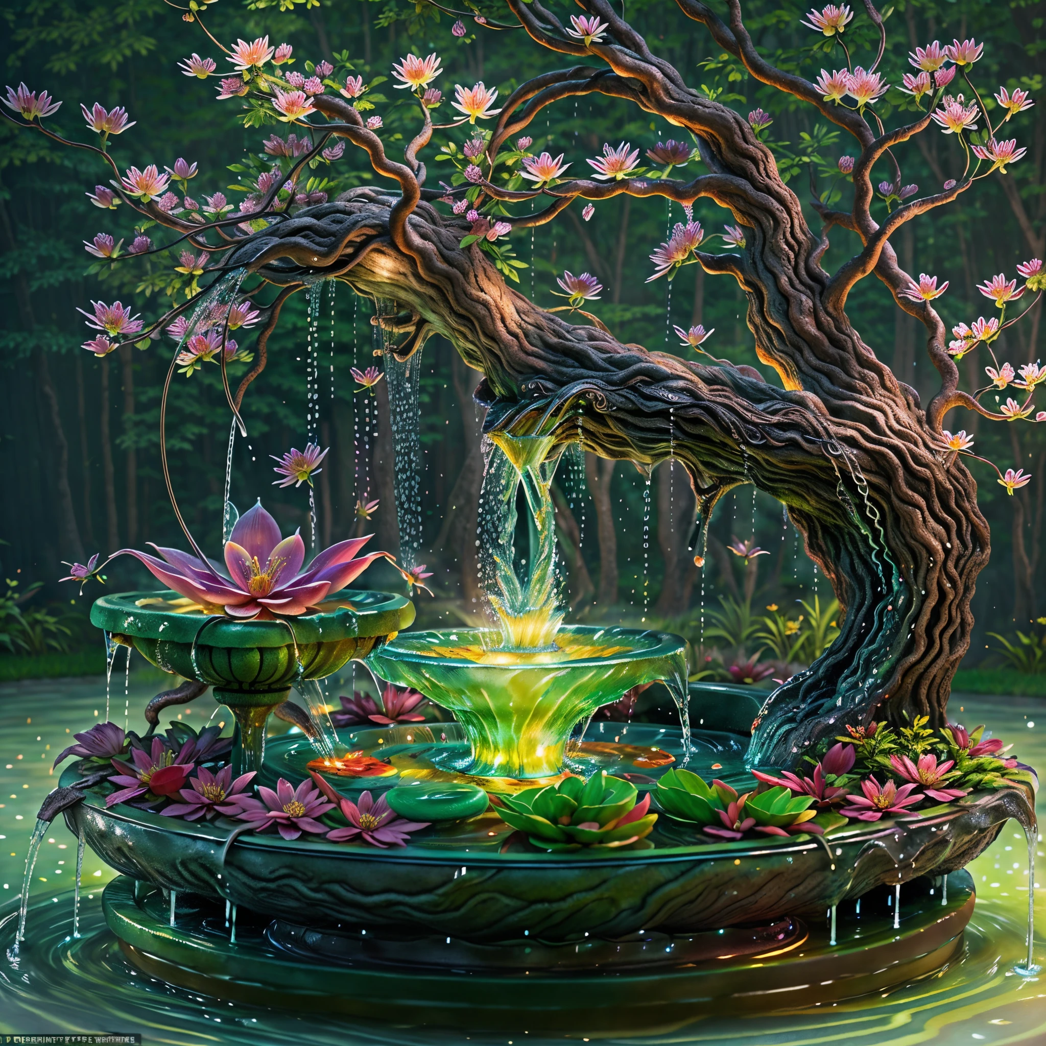 tmasterpiece，best qualtiy，（The is very detailed的 CG unified 8k 壁纸），（best qualtiy），（Most Best Illustration），（best shadow），（a fantastic fountain: 1.8），Glowing insects and glowing fountain，Fountain of eternal water，Natural elements of forest theme，Mysterious forest，(Beautiful fountain with spring water in jet state: 1.5)，naturey，surrounded by flower，Delicate leaves and branches are surrounded by fireflies, nature elements，fountain theme，foliage，tree branch，glowworm，particle effect，and other 3D，rendering by octane，Ray traching，超詳細