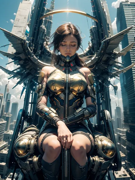 aerial angle, (huge biological weapon), female face, closed eyes, skyscraper, flying, ((halo)), battle field,