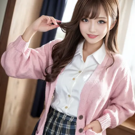 ((top-quality、masutepiece、8K、Top image quality))、(1 photo:1.5)、Highly saturated、1 schoolgirl、((Pink cardigan、Uniform Shirt、pink plaid pleated skirt))、The happiest smile、View me、waved hair、The background is a school classroom、lipsticks、long eyelashes、Perfec...
