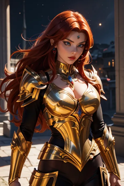 There is an adult European woman in armor , Saint Seiya , Wolf Cloth, Ginger hair, red lips, Eye shadow, natural makeup, long cu...
