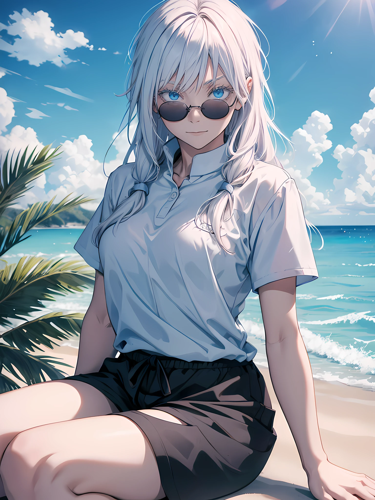 Woman, female version, female, jujutsu kaisen, solo, alone, happy, slightly smiling, white hair, bangs, long hair, white eyebrows, white eyelashes, light blue eyes, wearing round sunglasses, wearing light blue polo, blue shirt, wearing beach shorts, enjoying at the beach, sitting, sand, beach side, high quality, 4k resolution, anime