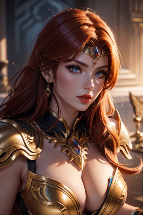 There is an adult European woman in Wolf designed Armor , Saint Seiya , Wolf Cloth, Ginger hair, red lips, Eye shadow, natural m...