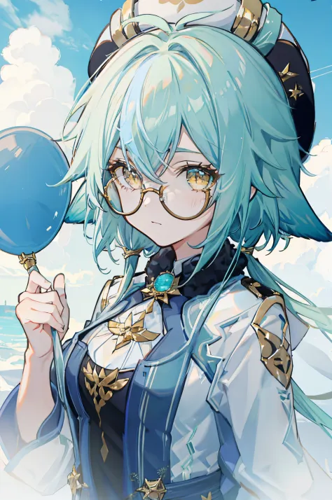 1 girl solo, teal hair, animal ears, glasses, blue and white clothes, hat, yellow eyes,