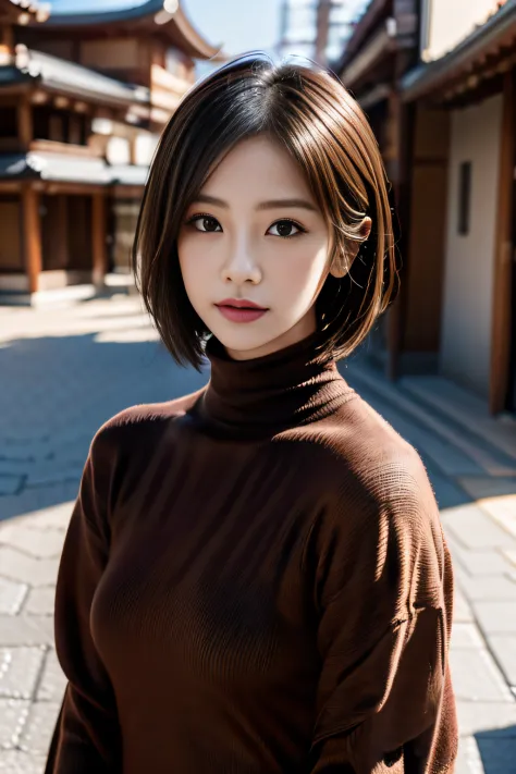 A woman wearing a turtleneck and posing for a photo, Middle metaverse, 奈良美智, Japanese Models, Beautiful Japan Married Woman、With...