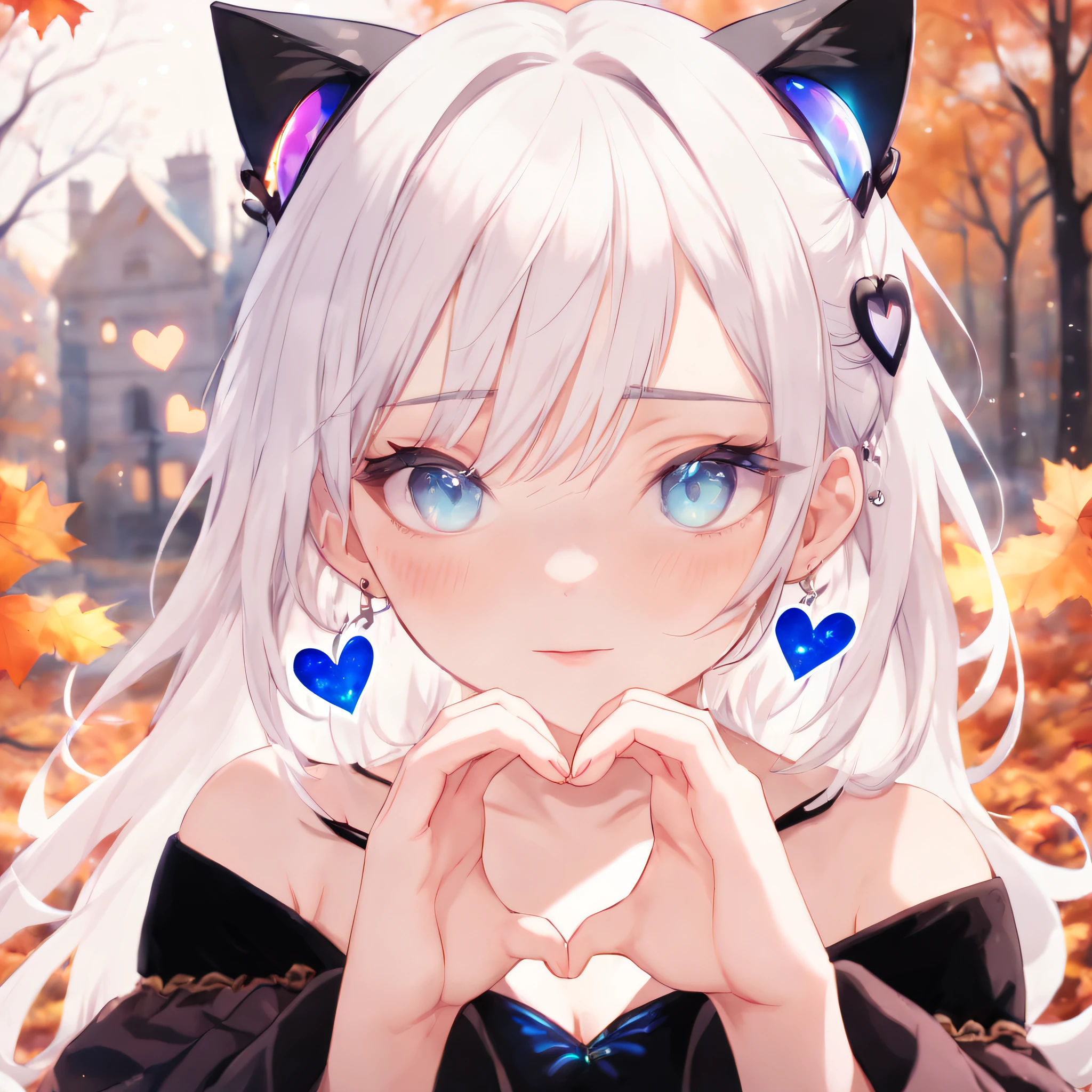 1 girl cat ears,heart shaped hands,Velvet texture earrings，sweetheart,eBlue eyes， Long white hair，bshoulder, shairband, Broken, Extremely luminous and bright design, pastelcolor, (ink:1.3), Autumn lights,(8K, Best quality, tmasterpiece:1.2),(Best quality:1.0), (Ultra-high sharpness:1.0)