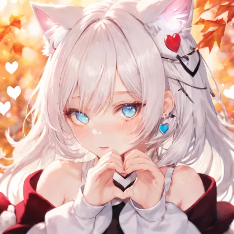 1 girl cat ears,heart shaped hands,Velvet texture earrings，sweetheart,eBlue eyes， Long white hair，bshoulder, shairband, Broken, Extremely luminous and bright design, pastelcolor, (ink:1.3), Autumn lights,(8K, Best quality, tmasterpiece:1.2),(Best quality:1...