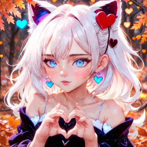 1 girl cat ears,heart shaped hands,Velvet textured earrings，sweetheart,eBlue eyes， Long white hair，bshoulders, shairband, bust, Extremely luminous and bright design, pastelcolor, (ink:1.3), Autumn lights,(8K, Best quality at best, tmasterpiece:1.2),(Best q...