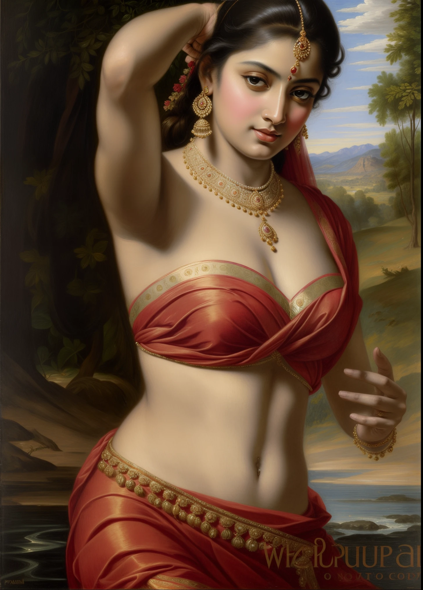 A painting of a woman in a red dress with a gold necklace - SeaArt AI