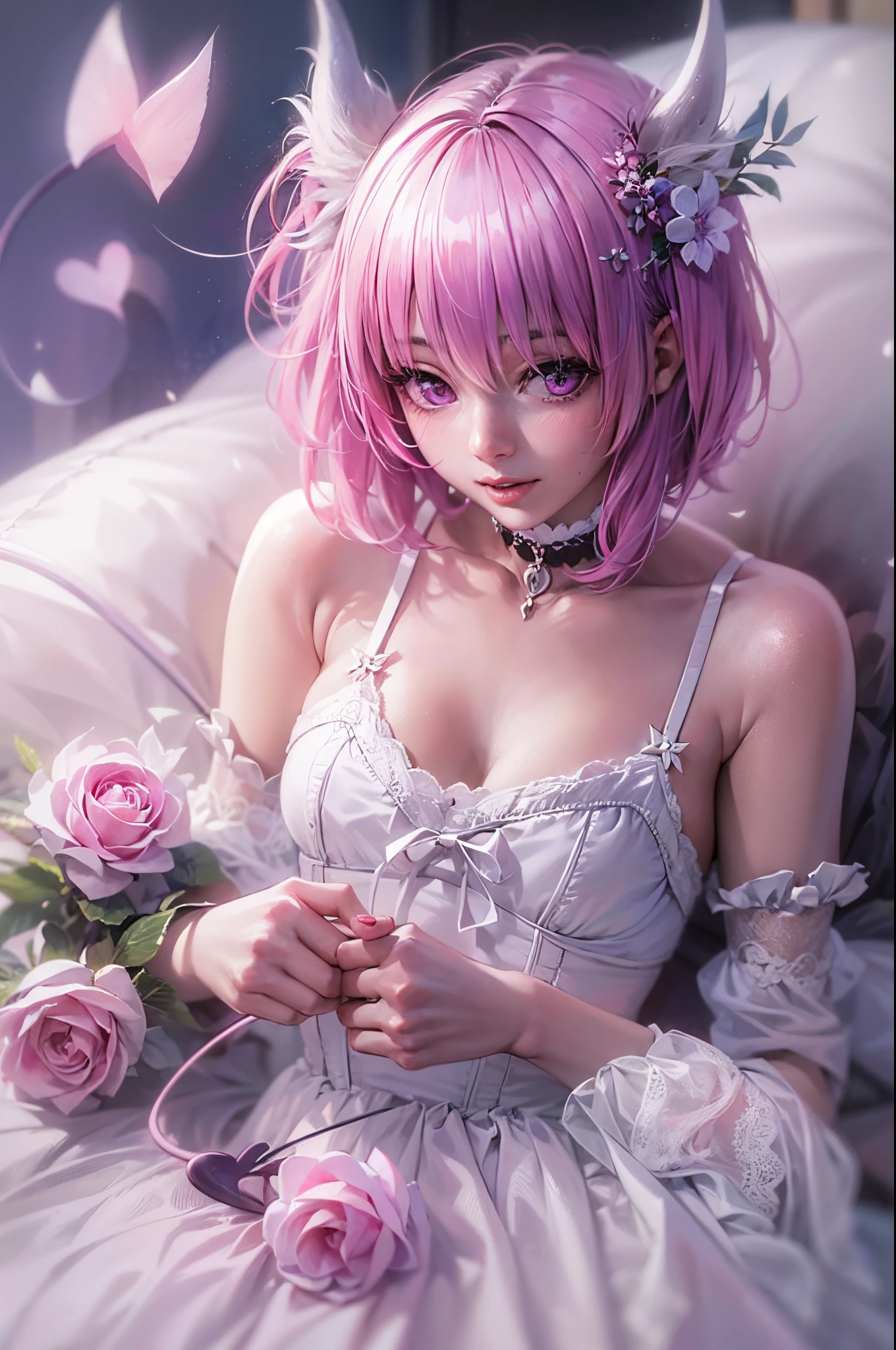 "((Momo Deviluke)), en estilo realista, Lencería color menta con ligas y corsé., atmósfera cinematográfica, enfoque suave, resplandor etéreo, cuidadosamente planteado, Alta resolución, mesmerizing decolas"demon cola,Momo Deviluke, demon cola, flor del pelo, adorno para el pelo, (ojos morados:1.1), Cabello rosado, cabello corto, cola,