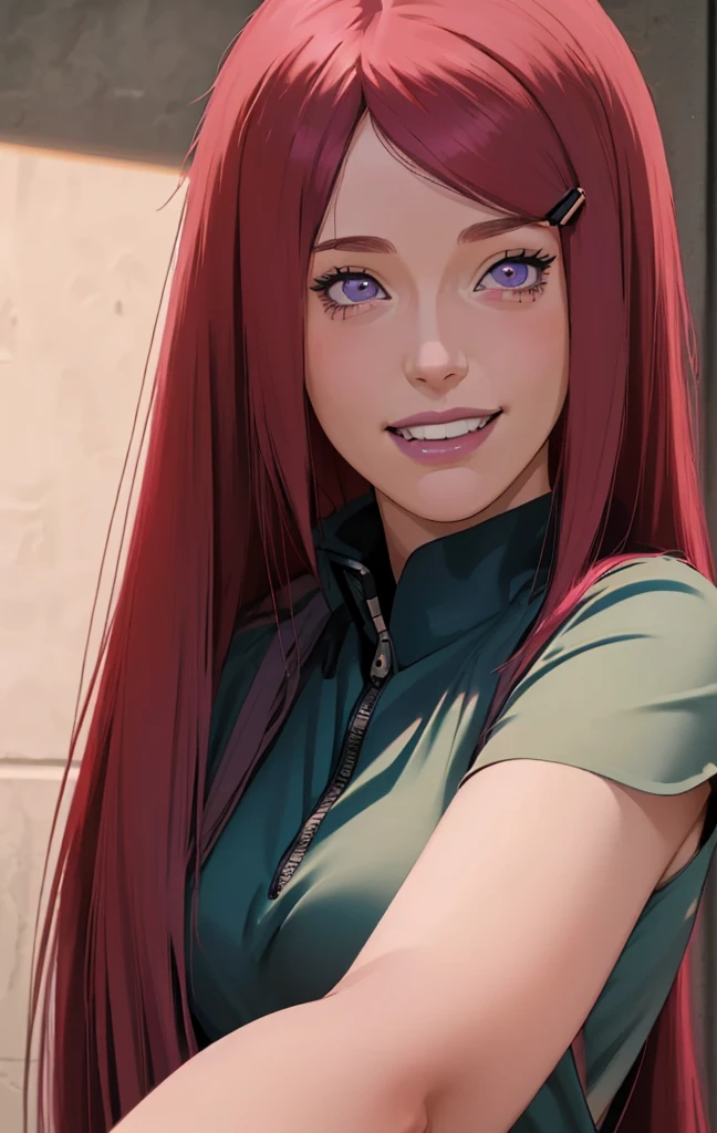 a girl with long blue hair and a gray shirt, kushina from naruto, she has red hair with blunt bangs, realistic, with long dark hair, from naruto, blunt , purple eyes, pink lips, (realistic hair:1.3), (long hair:1.3), (light smile:1.3), detailed character, realistic character, blushing,  (beautiful face:1.3), (detailed eyes:1.3), pretty, medium breast, eyelashes