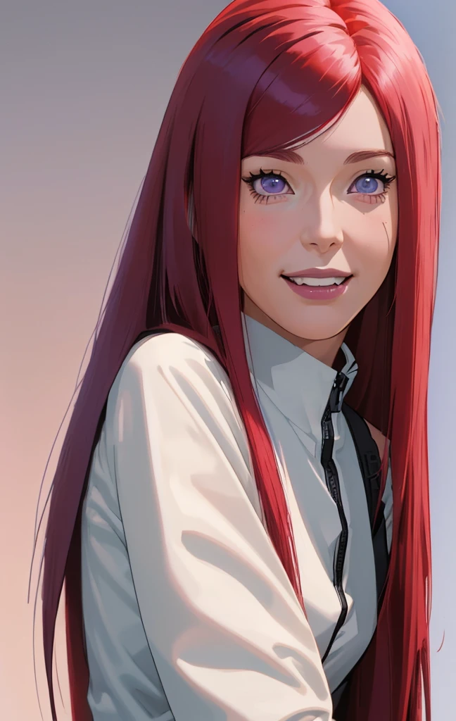 a girl with long blue hair and a gray shirt, kushina from naruto, she has red hair with blunt bangs, realistic, with long dark hair, from naruto, blunt , purple eyes, pink lips, (realistic hair:1.3), (long hair:1.3), (light smile:1.3), detailed character, realistic character, blushing,  (beautiful face:1.3), (detailed eyes:1.3), pretty, medium breast, eyelashes