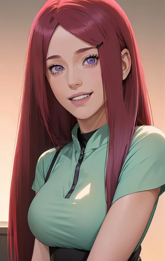 a girl with long blue hair and a gray shirt, kushina from naruto, she has red hair with blunt bangs, realistic, with long dark hair, from naruto, blunt , purple eyes, pink lips, (realistic hair:1.3), (long hair:1.3), (light smile:1.3), detailed character, realistic character, blushing,  (beautiful face:1.3), (detailed eyes:1.3), pretty, medium breast, eyelashes