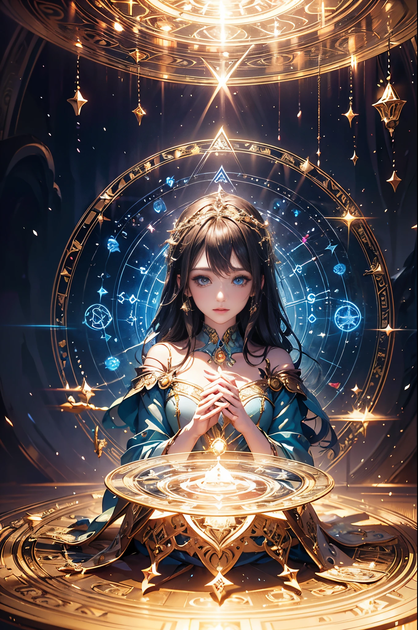beautiful detailed eyes, flowing gown, enchanted forest, magic circle,glowing staff, ethereal lighting, fantasy artwork, vibrant colors, magical atmosphere, mystical aura, dreamy landscape, spellbinding art style, captivating composition, ethereal beauty, mesmerizing details, otherworldly ambiance, enchanting vibes, whimsical elements, magical realism, atmospheric effects