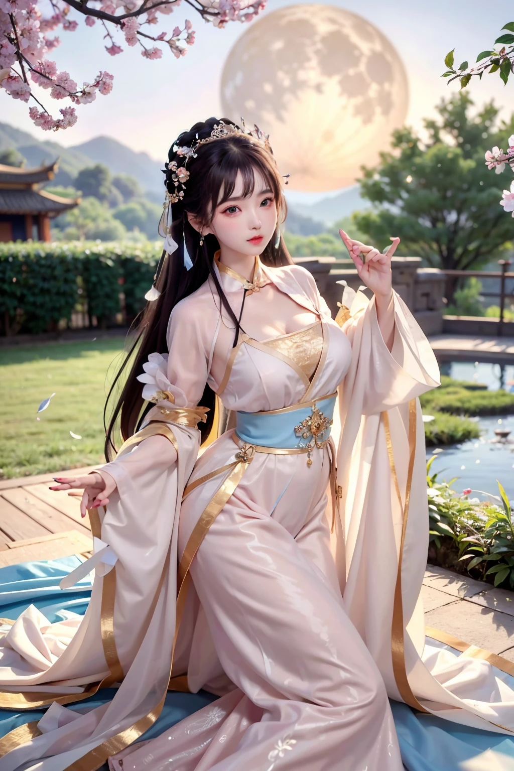 a princess 8 yeald old cute Hanfu  dynasty open V-chested clothes royal, All pictures, Wet body of thin silk fabric, Thin silk lace petticoat,princess 8 yeald old cute, (huge boobs，cleavage),petticoat, white pink, blue ，best qualtiy，tmasterpiece，超高分辨率，（真实感：1.4），RAW photogr，（True skin texture：1.3），（filmgrain：1.3），（Selfie angle），1个Giant Breast Girl，Beautiful eye and face details，tmasterpiece，Best quality at best，exposing thighs，Bigchest，The chest is more exposed， detailed hair，above looking down facing at camera,short dressPrincess Eyes,Super big eyes,Detailed face,shiny pupils, dress pink (a garden,moon palace,Chang'e,mooncakes)