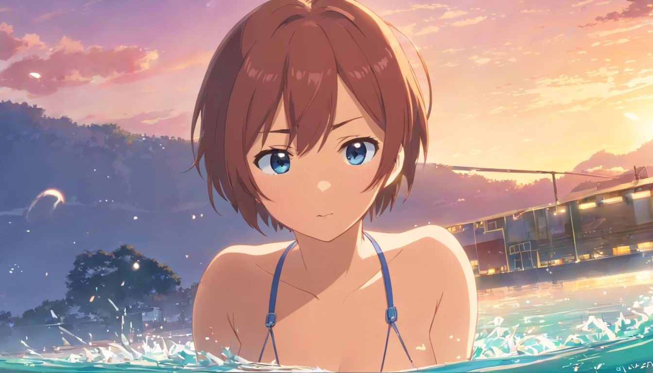 Anime girl in a bikini in the water with a boat in the background - SeaArt  AI